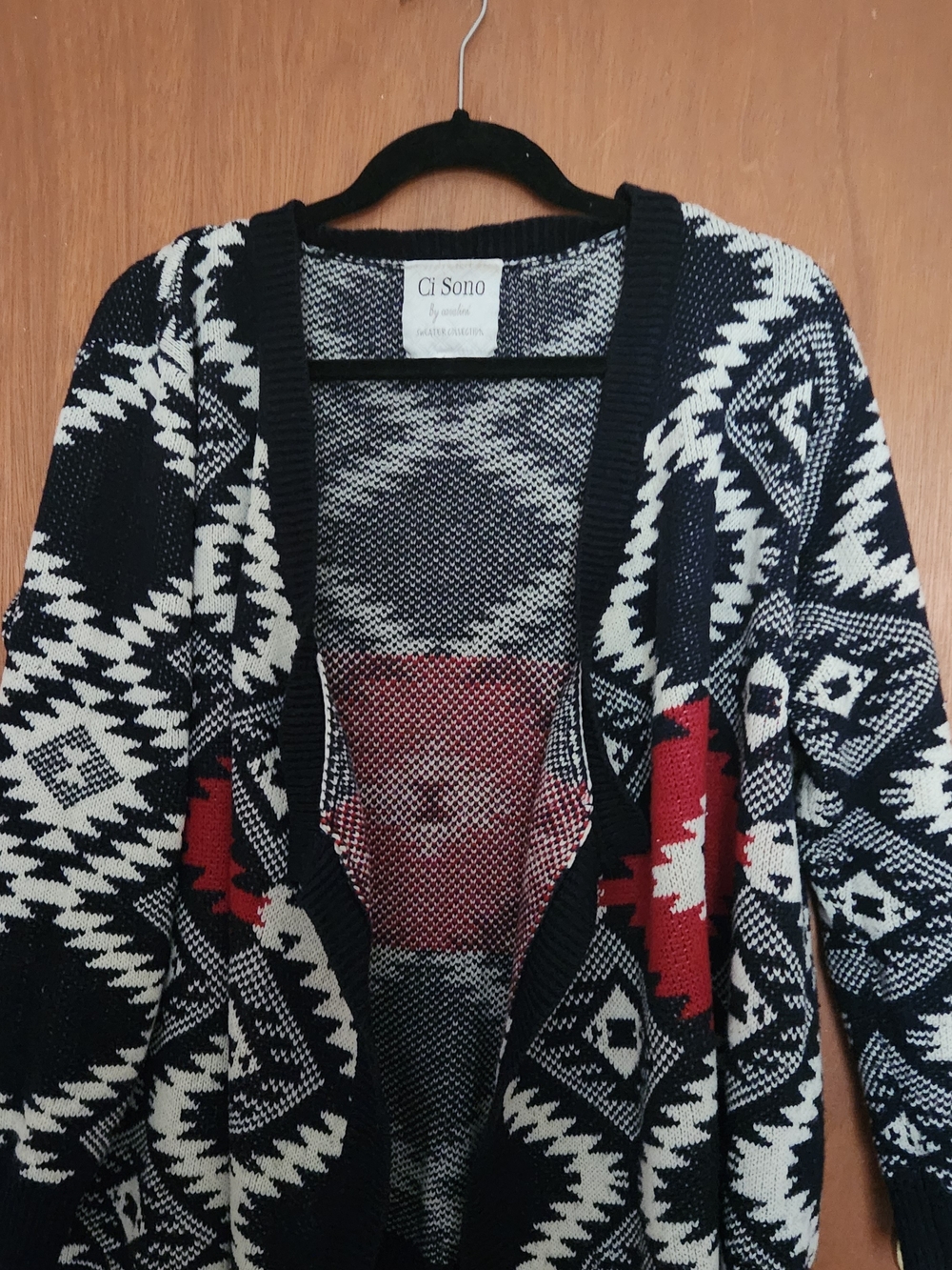 Ci Sono Women's Black Cream Red Aztec Open Oversized Cardigan